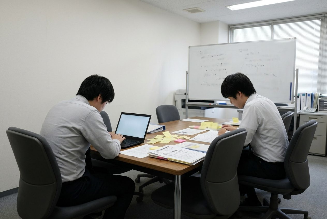 会議室で資料と付箋を広げて打ち合わせをしている様子（イメージ）