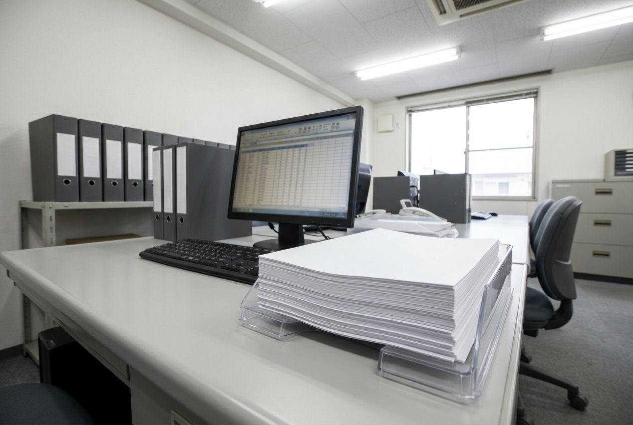 積み上がった請求書の紙束と、入力先の表計算ソフトが開かれた事務所の机（イメージ）
