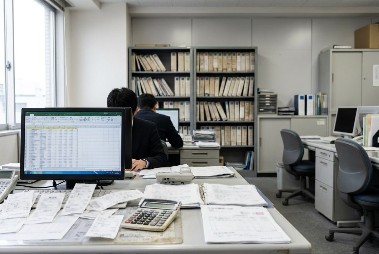 領収書と請求書が広がる会計事務所の机と、背後に並ぶ帳簿ファイル（イメージ）