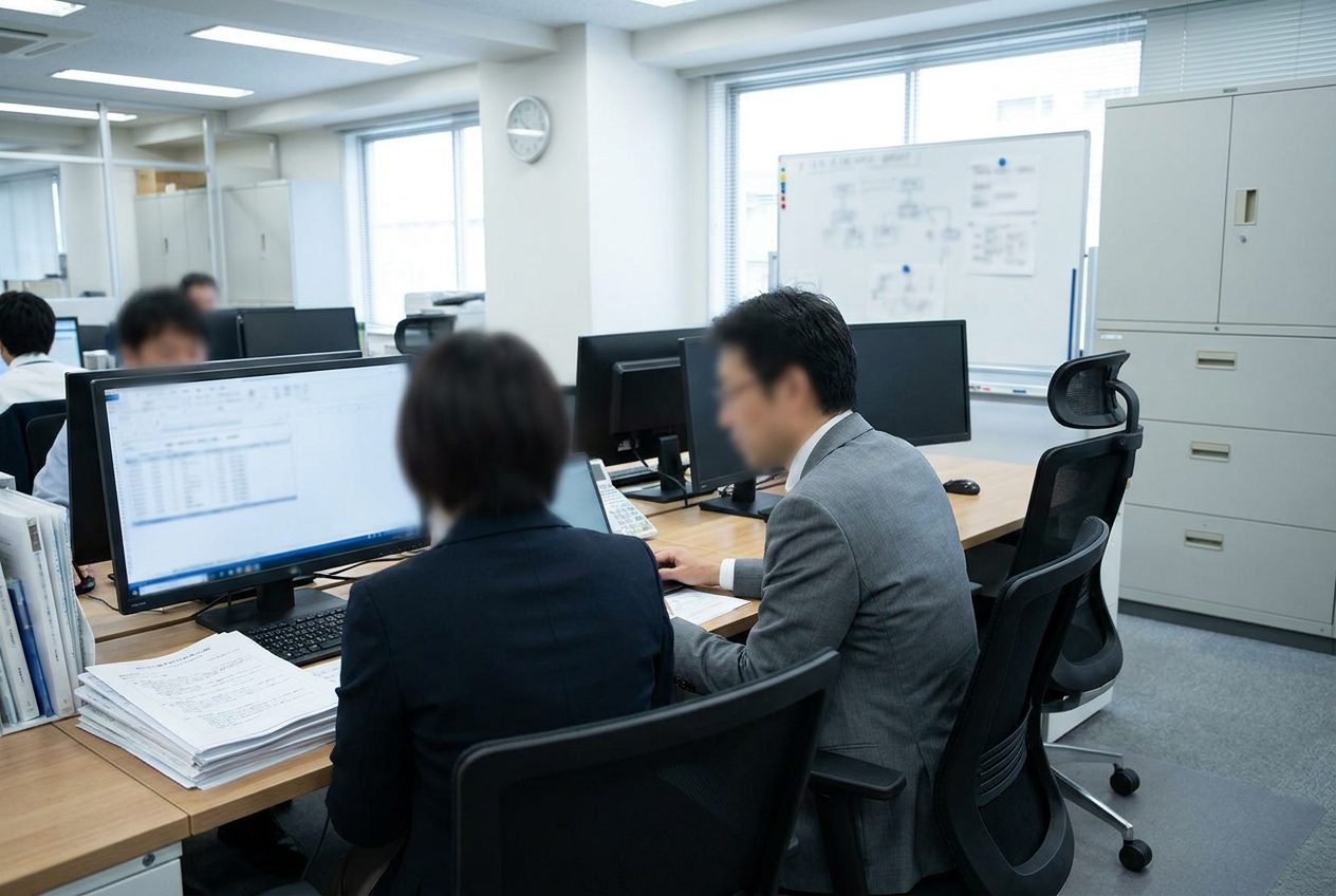 現場の担当者と並んで、実際の帳票と画面を一緒に確認している様子（イメージ）