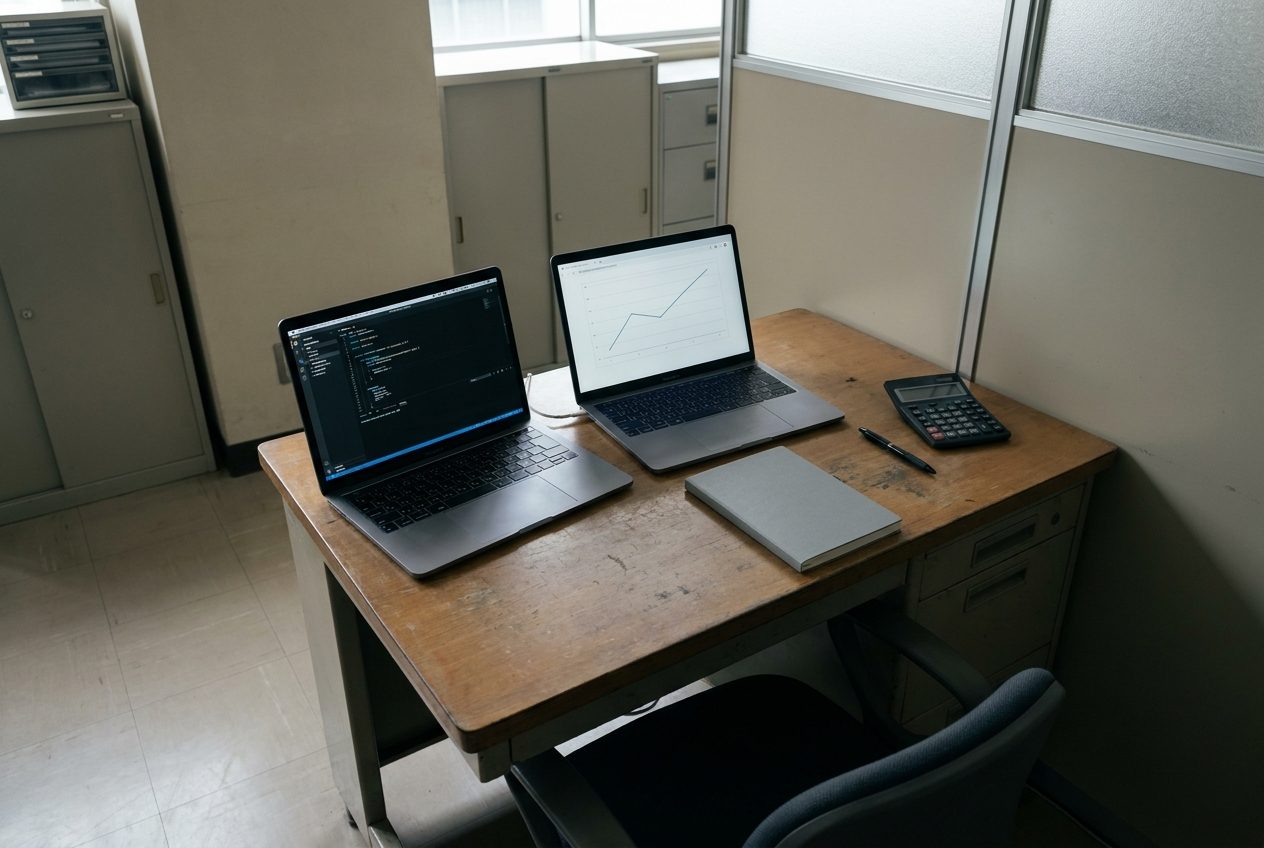 事務所の机に並んだ2台のノートPC。片方にコード、もう片方に業務の数値のグラフが映っている（イメージ）